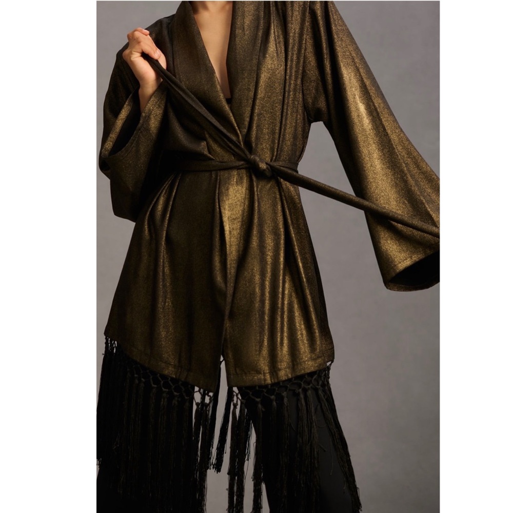 Anthropologie Metallic Fringe Kimono Duster Jacket - Picture 4 of 7